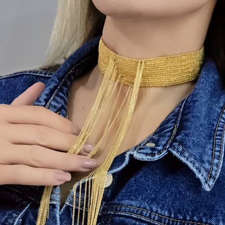 15 Sıralı Zincir V Model Dokuma Sallantılı Tasma Choker El Yapımı Altın Renk Kolye - 1383