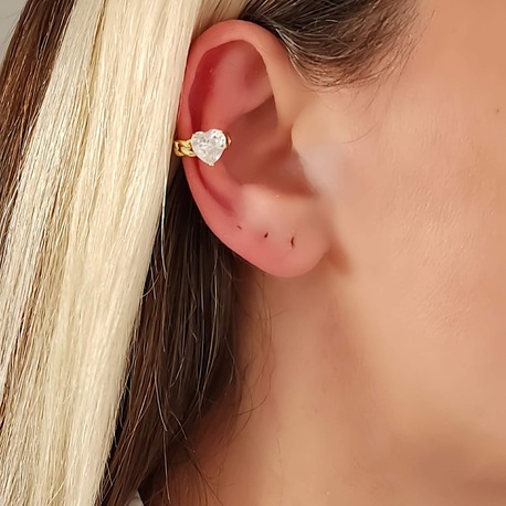 Kalp Model Zirkon Taşlı Model Gold Renkli Kıkırdak Sıkıştırmalı Küpe Earcuff- 1328