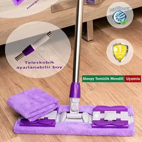 Yedek Bezli Yer Mopu Duvar Fayans Cam Temizlik Mikrofiber 4 Mandallı Mop(MOR)