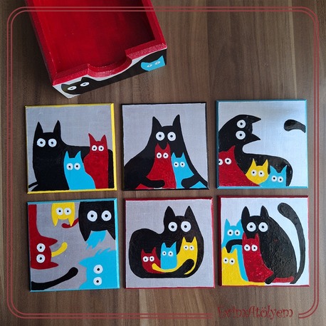Kedi Ahşap Bardak Altlığı (6'lı)