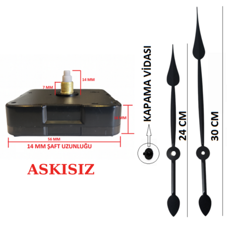Askısız 14 mm Şaft Akar Sessiz Duvar Saati Mekanizması -Metal akrep-yelkovan-saniye