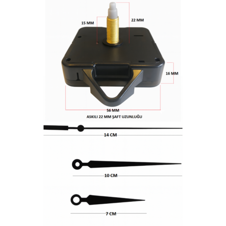 Askılı 22 mm Şaft  Akar Sessiz Duvar Saati Mekanizması -Metal akrep-yelkovan-saniye