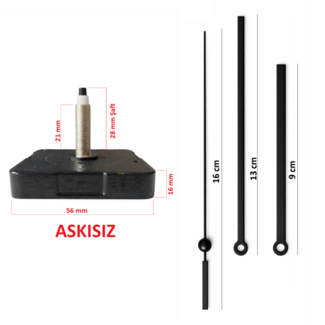 Askısız 28 mm Şaft Akar Sessiz Duvar Saati Mekanizması -Metal akrep-yelkovan-saniye