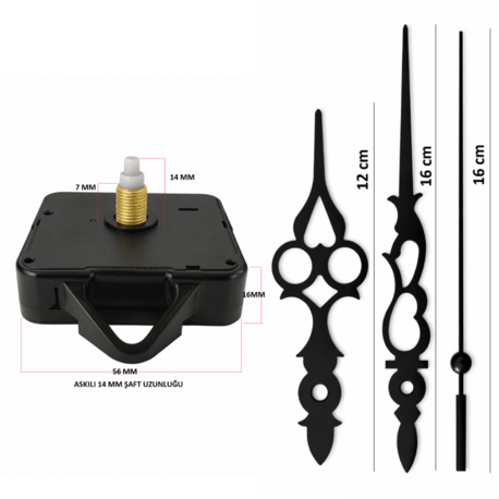 Askılı 14 mm Şaft Akar Sessiz Duvar Saati Mekanizması -Metal akrep-yelkovan-saniye
