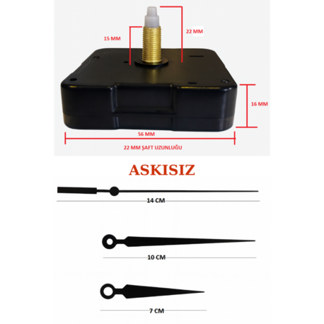 Askısız 22 mm Şaft Akar Sessiz Duvar Saati Mekanizması -Metal akrep-yelkovan-saniye