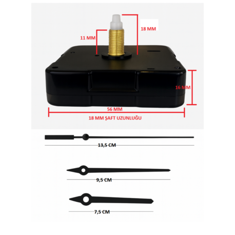 Askısız 18 mm Şaft Akar Sessiz Duvar Saati Mekanizması -Metal akrep-yelkovan-saniye