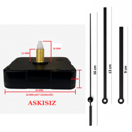 Askısız 18 mm Şaft Akar Sessiz Duvar Saati Mekanizması -Metal akrep-yelkovan-saniye