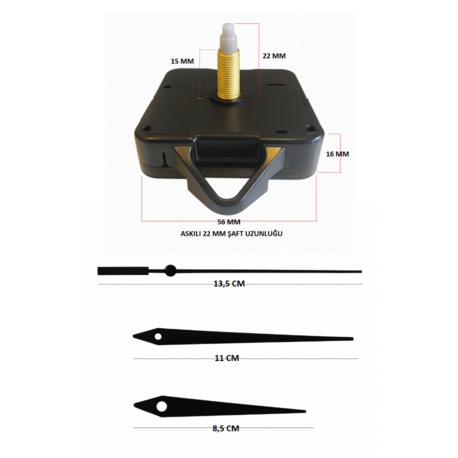 Askılı 22 mm Şaft Akar Sessiz Duvar Saati Mekanizması -Metal akrep-yelkovan-saniye