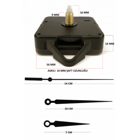Askılı 16 mm Şaft Akar Sessiz Duvar Saati Mekanizması -Metal akrep-yelkovan-saniye