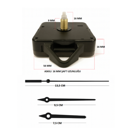 Askılı 16 mm Şaft Akar Sessiz Duvar Saati Mekanizması -Metal akrep-yelkovan-saniye