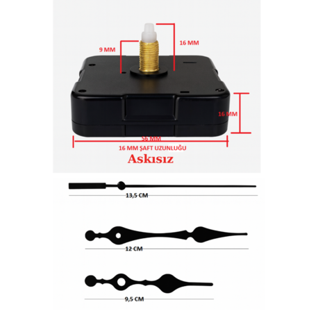 Askısız 16 mm Şaft Akar Sessiz Duvar Saati Mekanizması -Metal akrep-yelkovan-saniye