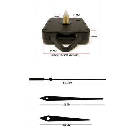 Askılı 16 mm Şaft  Akar Sessiz Duvar Saati Mekanizması -Metal akrep-yelkovan-saniye
