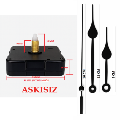 Askısız 16 mm Şaft Akar Sessiz Duvar Saati Mekanizması -Metal akrep-yelkovan-saniye