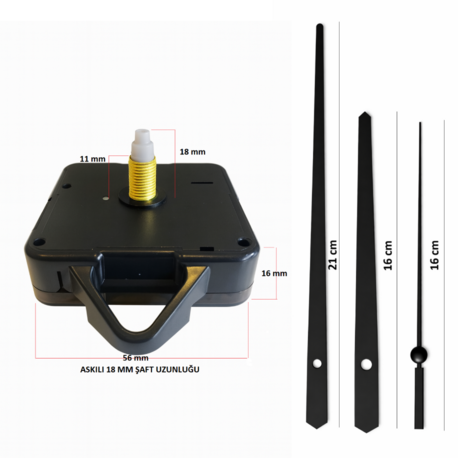Askılı 18 mm Şaft Akar Sessiz Duvar Saati Mekanizması -Metal akrep-yelkovan-saniye