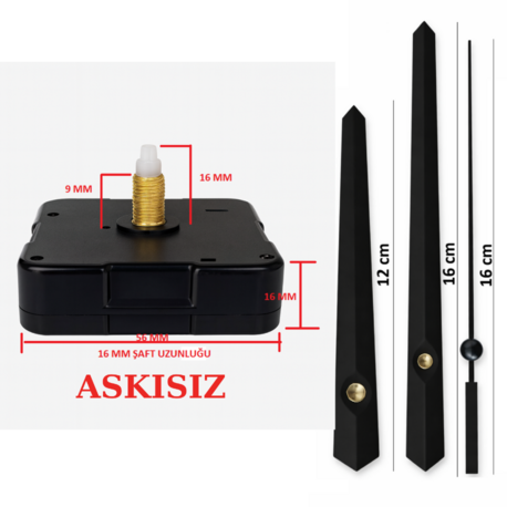 Askısız 16 mm Şaft Akar Sessiz Duvar Saati Mekanizması -Metal akrep-yelkovan-saniye