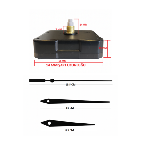 Askısız 14 mm Şaft Akar Sessiz Duvar Saati Mekanizması -Metal akrep-yelkovan-saniye