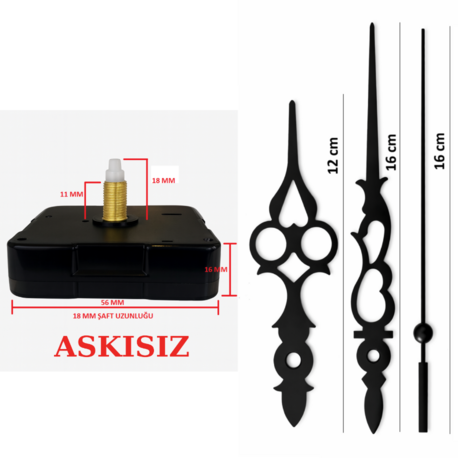 Askısız 18 mm Şaft Akar Sessiz Duvar Saati Mekanizması -Metal akrep-yelkovan-saniye