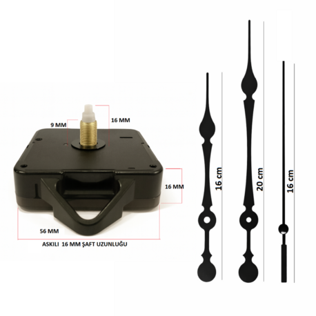 Askılı 16 mm Şaft Akar Sessiz Duvar Saati Mekanizması -Metal akrep-yelkovan-saniye