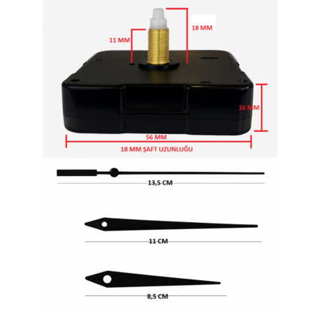 Askısız 18 mm Şaft Akar Sessiz Duvar Saati Mekanizması -Metal akrep-yelkovan-saniye