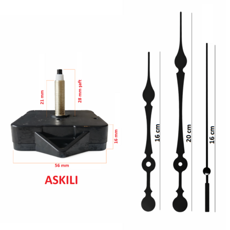 Askılı 28 mm Şaft  Akar Sessiz Duvar Saati Mekanizması -Metal akrep-yelkovan-saniye