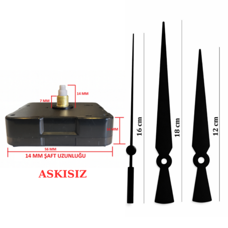 Askısız 14 mm Şaft Akar Sessiz Duvar Saati Mekanizması -Metal akrep-yelkovan-saniye