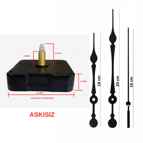 Askısız 22 mm Şaft Akar Sessiz Duvar Saati Mekanizması -Metal akrep-yelkovan-saniye