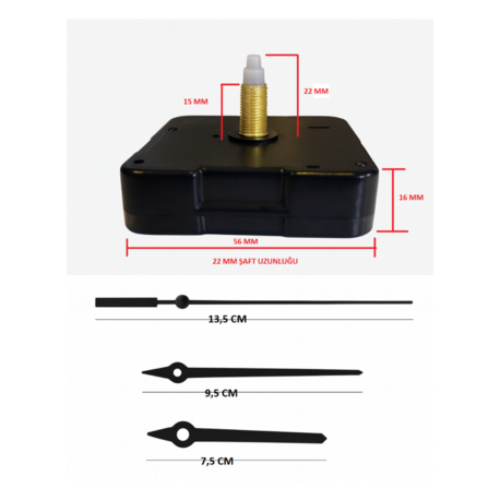 Askısız 22 mm Şaft Akar Sessiz Duvar Saati Mekanizması -Metal akrep-yelkovan-saniye