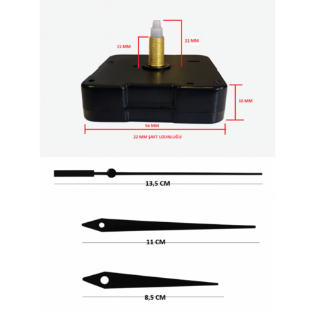 Askısız 22 mm Şaft Akar Sessiz Duvar Saati Mekanizması -Metal akrep-yelkovan-saniye