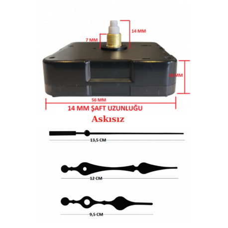Askısız 14 mm Şaft Akar Sessiz Duvar Saati Mekanizması -Metal akrep-yelkovan-saniye