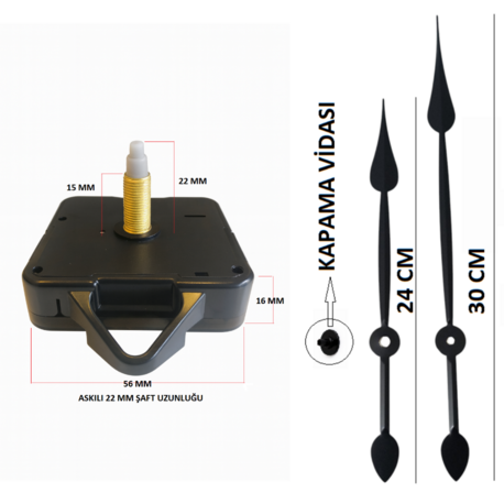 Askılı 22 mm Şaft Akar Sessiz Duvar Saati Mekanizması -Metal akrep-yelkovan-saniye