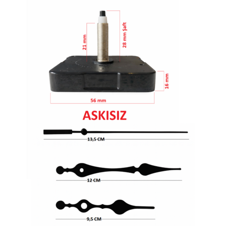 Askısız 28 mm Şaft  Akar Sessiz Duvar Saati Mekanizması -Metal akrep-yelkovan-saniye