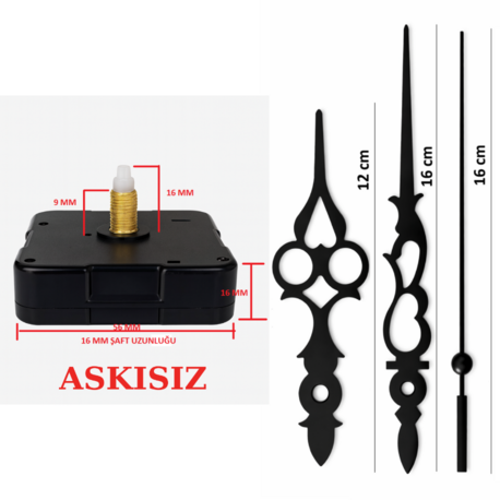 Askısız 16 mm Şaft Akar Sessiz Duvar Saati Mekanizması -Metal akrep-yelkovan-saniye
