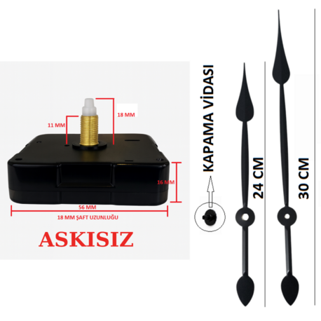 Askısız 18 mm Şaft Akar Sessiz Duvar Saati Mekanizması -Metal akrep-yelkovan-saniye