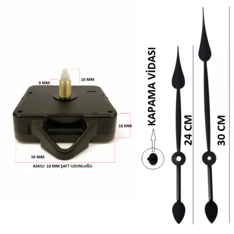Askılı 16 mm Şaft Akar Sessiz Duvar Saati Mekanizması -Metal akrep-yelkovan-saniye