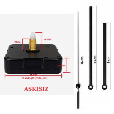 Askısız 16 mm Şaft Akar Sessiz Duvar Saati Mekanizması -Metal akrep-yelkovan-saniye