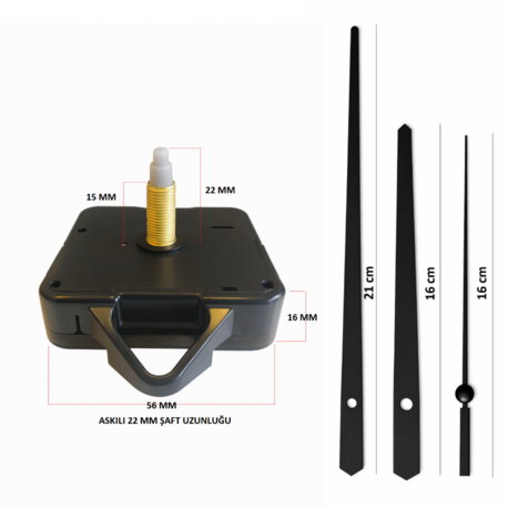 Askılı 22 mm Şaft Akar Sessiz Duvar Saati Mekanizması -Metal akrep-yelkovan-saniye