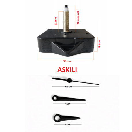 Askılı 28 mm Şaft  Akar Sessiz Duvar Saati Mekanizması -Metal akrep-yelkovan-saniye