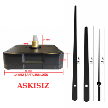 Askısız 14 mm Şaft  Akar Sessiz Duvar Saati Mekanizması -Metal akrep-yelkovan-saniye