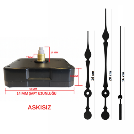 Askısız 14 mm Şaft Akar Sessiz Duvar Saati Mekanizması -Metal akrep-yelkovan-saniye