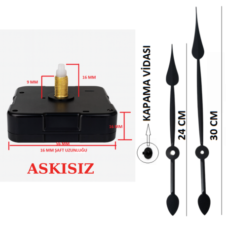 Askısız 16 mm Şaft Akar Sessiz Duvar Saati Mekanizması -Metal akrep-yelkovan-saniye