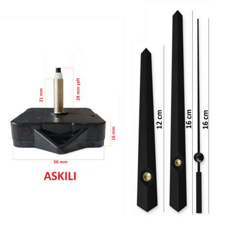 Askılı 28 mm Şaft  Akar Sessiz Duvar Saati Mekanizması -Metal akrep-yelkovan-saniye