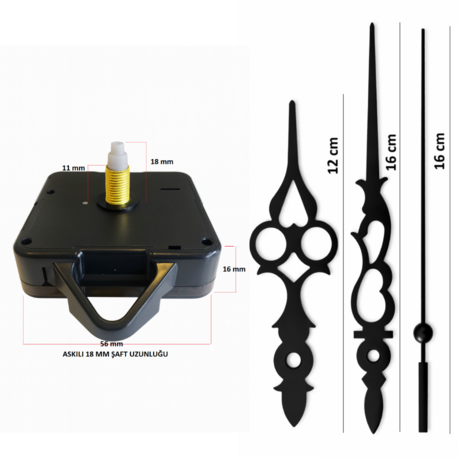 Askılı 18 mm Şaft  Akar Sessiz Duvar Saati Mekanizması -Metal akrep-yelkovan-saniye