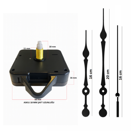 Askılı 18 mm Şaft Akar Sessiz Duvar Saati Mekanizması -Metal akrep-yelkovan-saniye