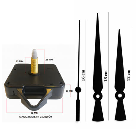 Askılı 22 mm Şaft Akar Sessiz Duvar Saati Mekanizması -Metal akrep-yelkovan-saniye