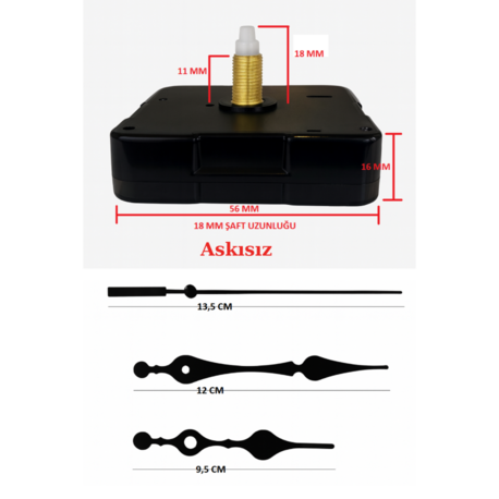 Askısız 18 mm Şaft Akar Sessiz Duvar Saati Mekanizması -Metal akrep-yelkovan-saniye