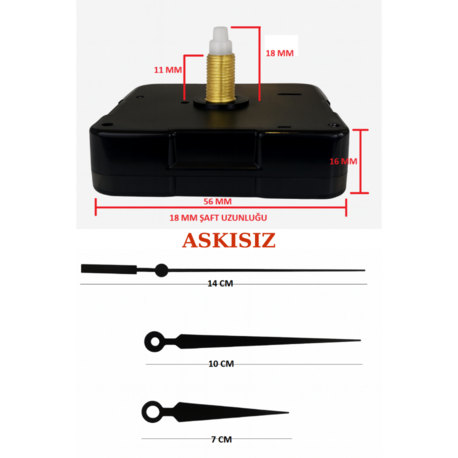 Askısız 18 mm Şaft Akar Sessiz Duvar Saati Mekanizması -Metal akrep-yelkovan-saniye