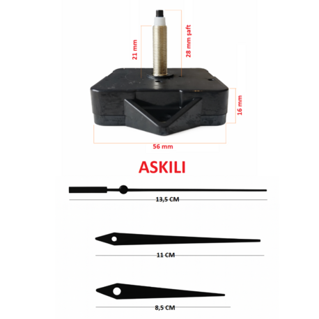 Askılı 28 mm Şaft  Akar Sessiz Duvar Saati Mekanizması -Metal akrep-yelkovan-saniye