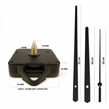 Askılı 16 mm Şaft Akar Sessiz Duvar Saati Mekanizması -Metal akrep-yelkovan-saniye