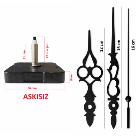 Askısız 28 mm Şaft  Akar Sessiz Duvar Saati Mekanizması -Metal akrep-yelkovan-saniye