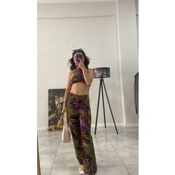  Mor Yaprak Desenli Crop Takım